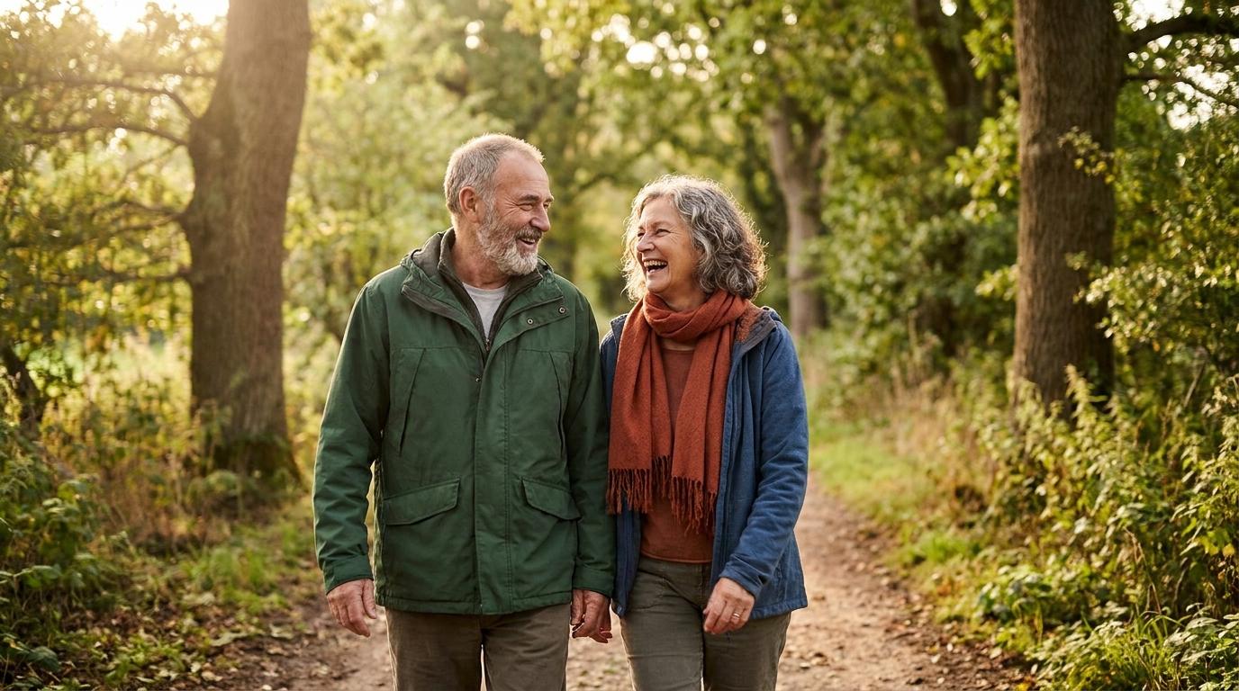 A healthy, smiling older couple walking together on a tree-lined path in warm late-afternoon light.