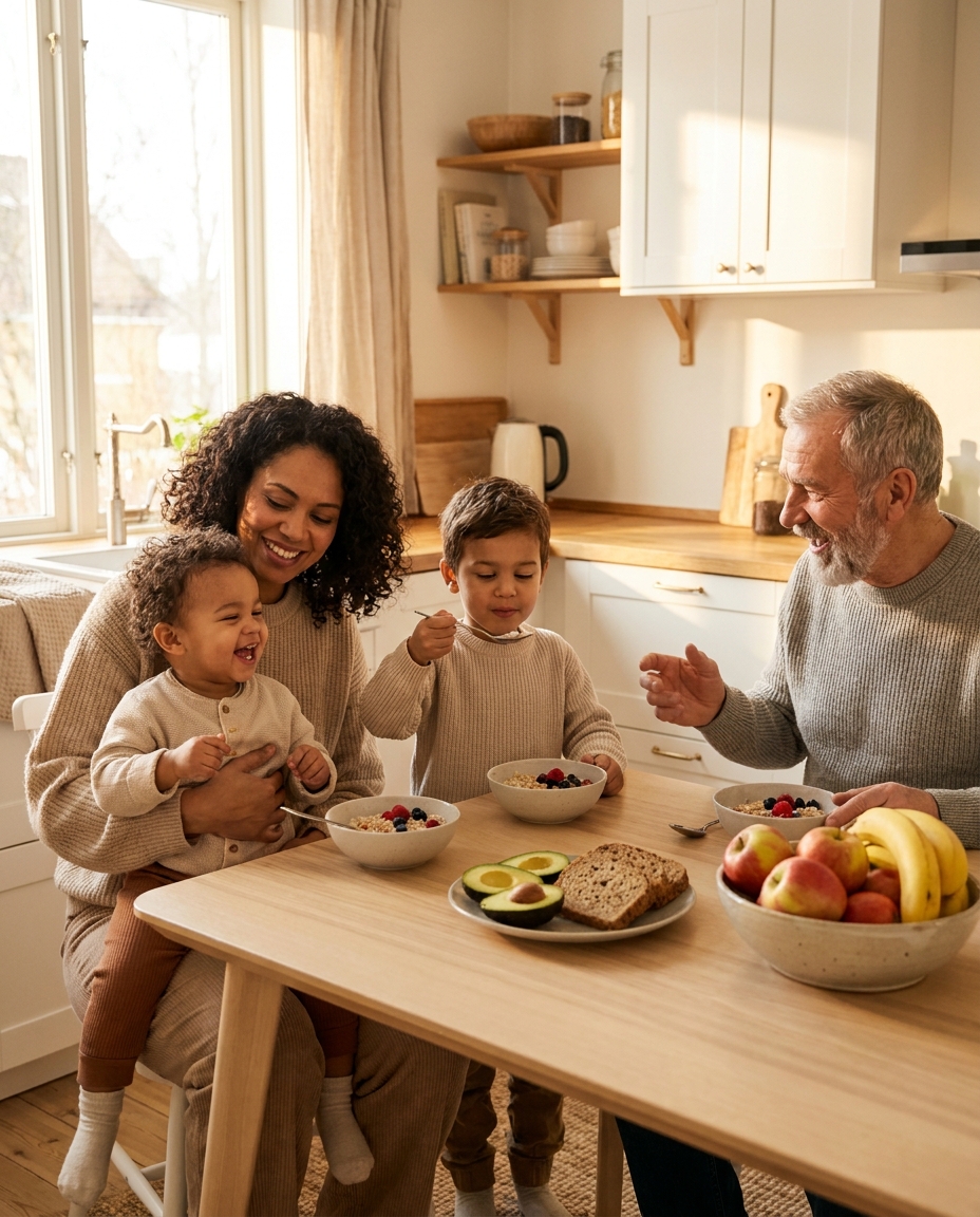 A family in a bright, sunlit kitchen sharing a healthy meal together, three generations laughing in warm natural light.