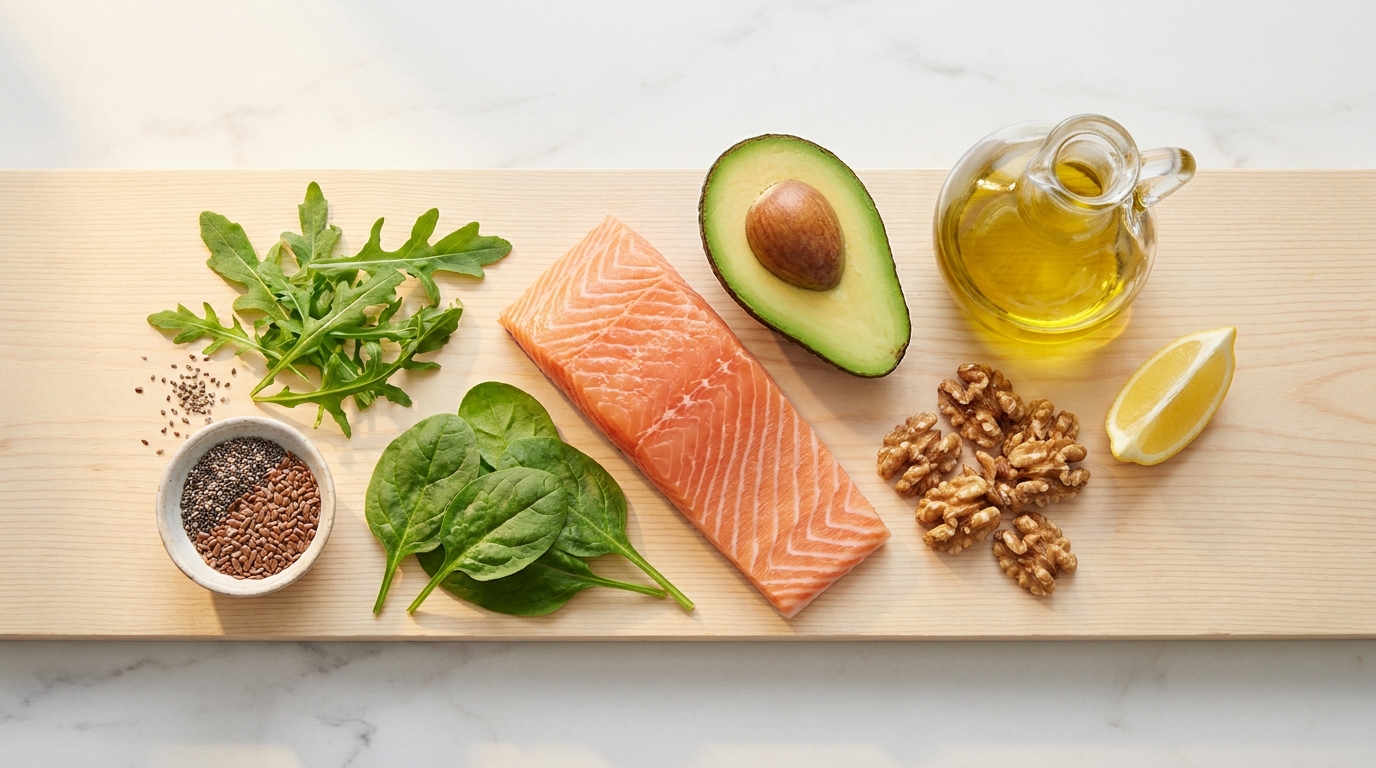 An overhead arrangement of omega-3 rich whole foods: salmon, avocado, walnuts, olive oil, and leafy greens, on a light wooden surface in natural light.